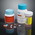 Assorted Food Supplement Bottles With Blue White Brown Pills And Labels