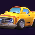 Cute Cartoon Style Yellow Car With Red Stripes Blue Headlights And Black Tires