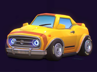 Cute Cartoon Style Yellow Car With Red Stripes Blue Headlights And Black Tires 3d model