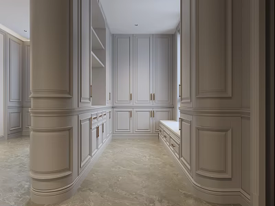 Elegant Foyer Hallway With Custom Cabinets Molding And Marble Floor 3d model