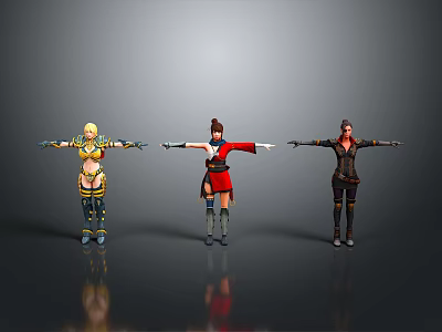Three 3D Female Characters In Standing Pose With Outstretched Arms And Different Costumes 3d model