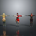 Three 3D Female Characters In Standing Pose With Outstretched Arms And Different Costumes