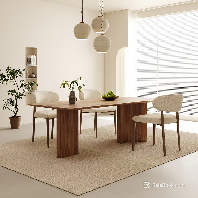 Wooden Dining Table Set With Four Chairs Vase Fruits And Green Plant Near Window 3d model 