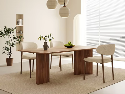 Wooden Dining Table Set With Four Chairs Vase Fruits And Green Plant Near Window 3d model