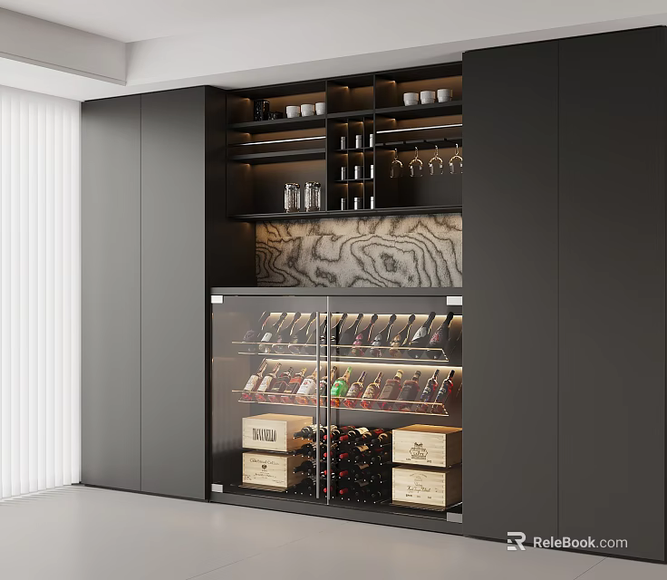 Modern Wine Cabinet With Glass Door Displaying Wine Bottles And Storage Shelves 3d model 