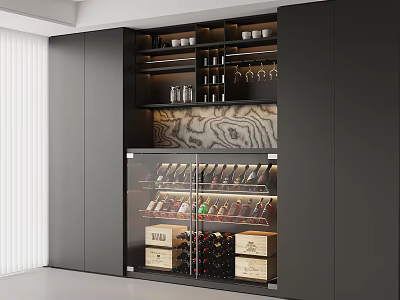 Modern Wine Cabinet With Glass Door Displaying Wine Bottles And Storage Shelves 3d model