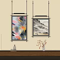 Traditional Chinese Landscape Painting with Abstract Art Hanging on Beige Wall Interior Decor