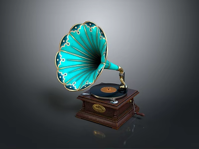 Vintage Phonograph with Turquoise Horn Gold Accents and Wooden Base in Retro Style 3d model