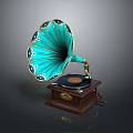 Vintage Phonograph with Turquoise Horn Gold Accents and Wooden Base in Retro Style