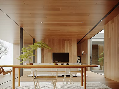 Natural Wooden Restaurant Interior Design With Long Dining Table White Chairs And Large Windows 3d model