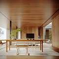 Natural Wooden Restaurant Interior Design With Long Dining Table White Chairs And Large Windows