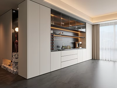 Elegant Modern Sideboard Interior Design With White Cabinet Glass Doors Drawers And Wine Glasses Lighting 3d model