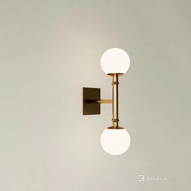 Modern Brass Wall Lamp with Double White Globe Shades and Metal Bracket 3d model 