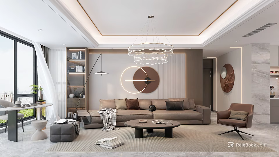 Modern Living Room Interior Design With Chandelier Round Wall Art Sofa And Coffee Table 3d model 