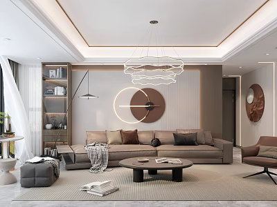 Modern Living Room Interior Design With Chandelier Round Wall Art Sofa And Coffee Table 3d model