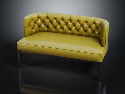 Yellow Curved Sofa With Tufted Diamond Pattern Backrest Leather Upholstery And Dark Wooden Legs 3d model