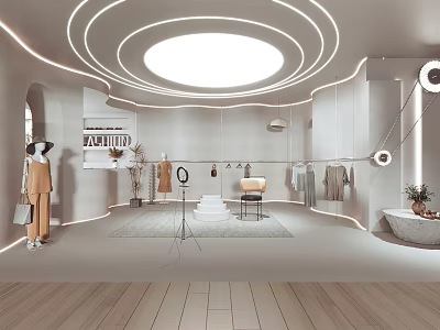 Modern Public Office Space Interior With Circular Ceiling Lights Office Desks And Decorative Plants 3d model