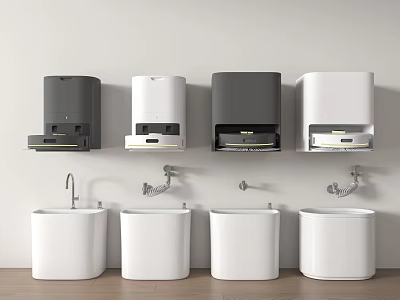 Modern Sanitary Ware Display With Wall Mounted Hand Dryers And White Washbasins 3d model