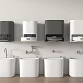 Modern Sanitary Ware Display With Wall Mounted Hand Dryers And White Washbasins