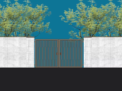 Modern Entrance Gate With Double Metal Grille White Stone Walls And Green Trees 3d model