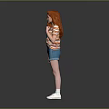 Woman With Red Hair Wearing Striped T-Shirt Denim Shorts And White Shoes On Gray Background