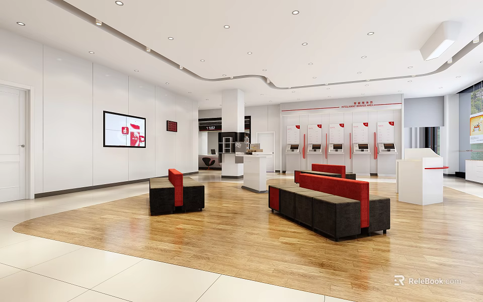 Modern Bank Interior With Service Counters Seating Area And Wooden Flooring 3d model 
