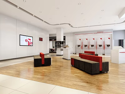 Modern Bank Interior With Service Counters Seating Area And Wooden Flooring 3d model