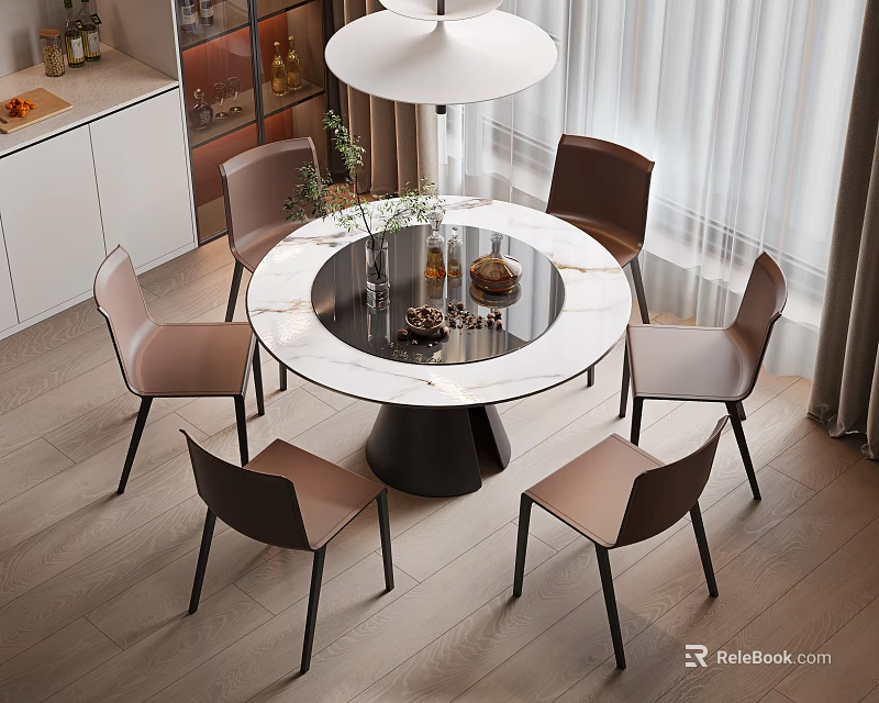 Modern Round Marble Dining Table Set With Six Chairs And Pendant Light 3d model