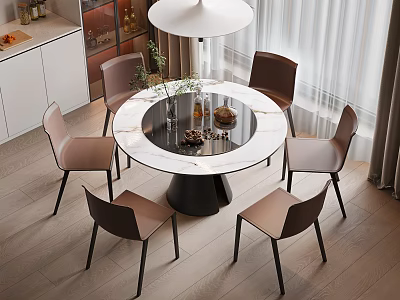Modern Round Marble Dining Table Set With Six Chairs And Pendant Light 3d model