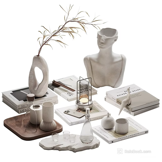 Modern Minimalist Decorative Ornament Set Featuring Bust Sculpture Unique Vase Tray Candle And Books 3d model 