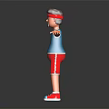 3D Character in Blue Vest and Red Shorts with Arms Outstretched on Dark Background