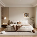 Modern Bedroom Interior With Beige Tones Platform Bed Decorative Art And Green Plant