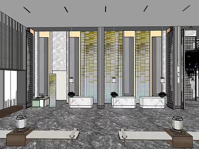 Elegant Modern Hotel Lobby Interior With Marble Floor Decorative Walls Pendant Lights And Rest Benches 3d model