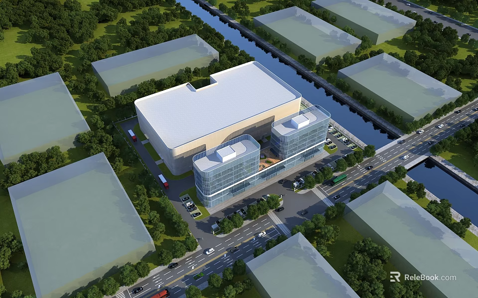 Modern Industrial Factory Building Near Canal With Glass Curtain Walls White Roof And Greenery 3d model 
