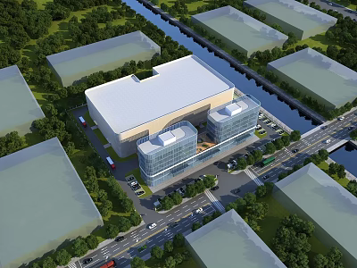 Modern Industrial Factory Building Near Canal With Glass Curtain Walls White Roof And Greenery 3d model