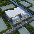 Modern Industrial Factory Building Near Canal With Glass Curtain Walls White Roof And Greenery