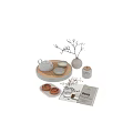 Elegant White Ceramic Tea Set With Teapot Bowls On Bamboo Tray And Cinnamon Rolls