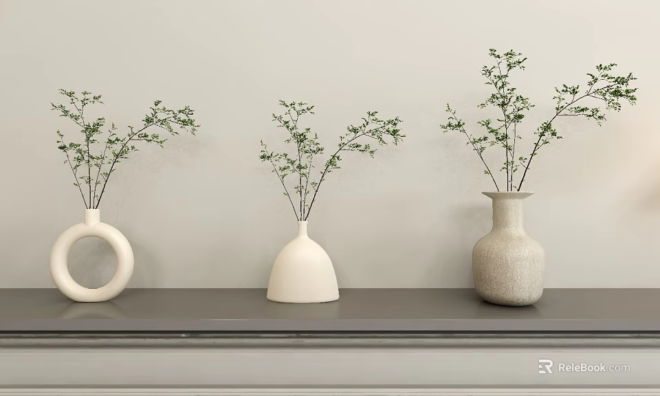 Three White Vases With Green Plants Different Shapes On Gray Shelf Light Wall Interior Decor 3d model 