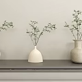 Three White Vases With Green Plants Different Shapes On Gray Shelf Light Wall Interior Decor 3d model