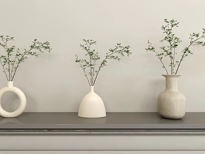 Three White Vases With Green Plants Different Shapes On Gray Shelf Light Wall Interior Decor 3d model