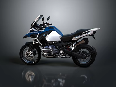 BMW Adventure Motorcycle Blue And White Design With Windshield Black Seat And Off Road Features 3d model