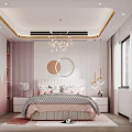 Modern Bedroom Interior With Pink White Striped Walls Gold Trim Ceiling And Chandelier