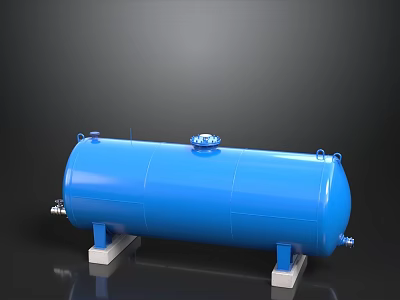 Blue Cylindrical Storage Tank With White Support Stands On Gray Background 3d model