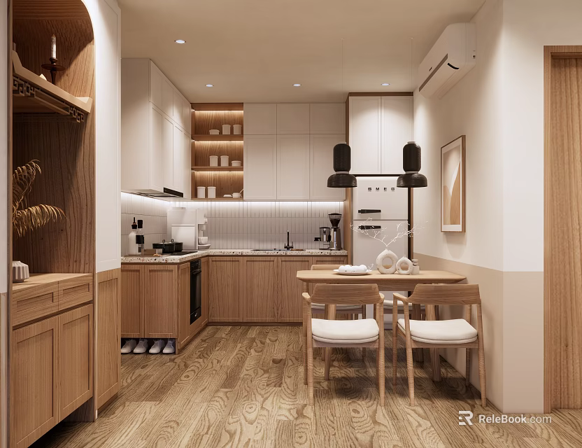 Minimalist Kitchen Interior With Wooden Cabinets Dining Table And Chairs On Warm Wooden Flooring 3d model 