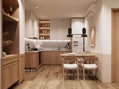 Minimalist Kitchen Interior With Wooden Cabinets Dining Table And Chairs On Warm Wooden Flooring 3d model
