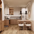 Minimalist Kitchen Interior With Wooden Cabinets Dining Table And Chairs On Warm Wooden Flooring