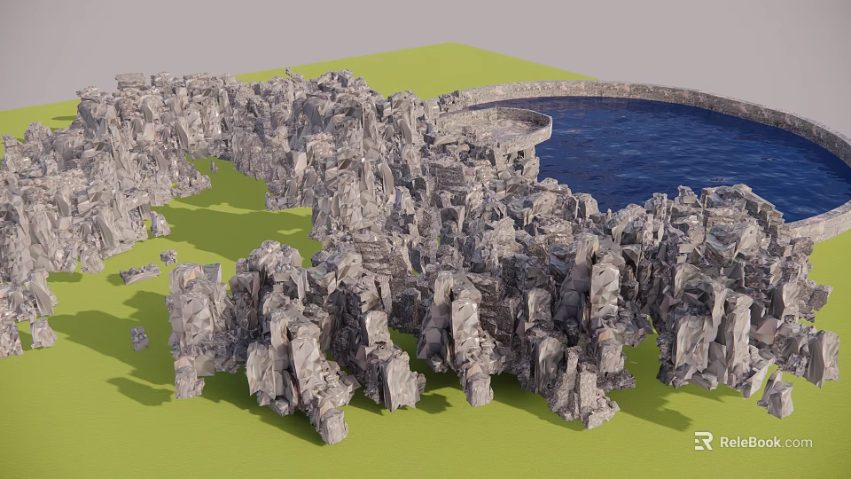 Garden Landscape With Natural Rock Formations Green Lawn And Blue Pond 3d model 