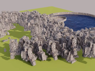 Garden Landscape With Natural Rock Formations Green Lawn And Blue Pond 3d model