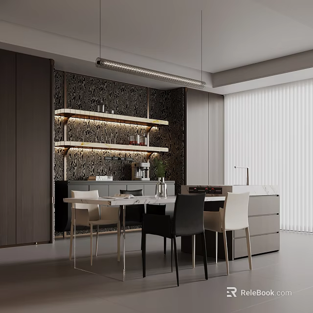 Modern Restaurant Dining Area With Open Kitchen Dining Table Chairs And Hanging Lighting 3d model