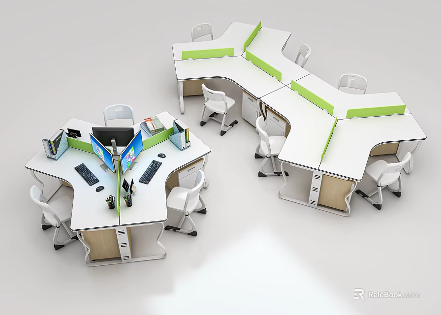 Modern Office Desk Chair Combination With Green Dividers White Chairs And Workstations 3d model 